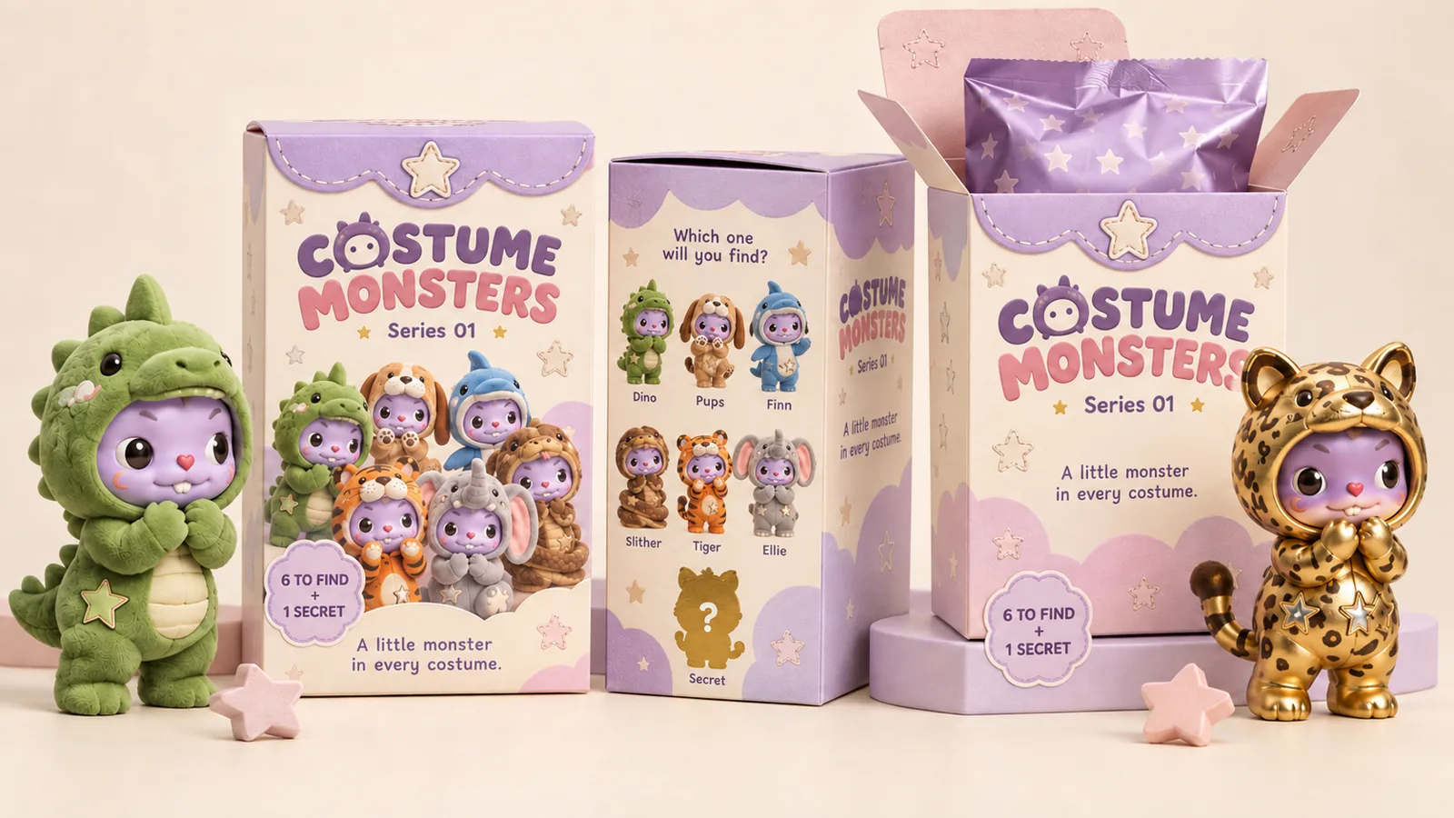 Costume Monsters Series 01 blind boxes with Dino in a green dinosaur costume and Golden in a gold leopard costume